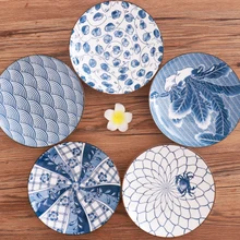 Estilo japonés y viento creativo underglaze placa de cerámica de hogar plato profundo redondo vintage placa azul y blanca