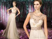 2016 A-Line Abendkleider Sheer Spitze Besatzung Crytsals Perlen Kappen-Hülsen Prom Kleider Chiffon lange Länge Sexy Abendkleider