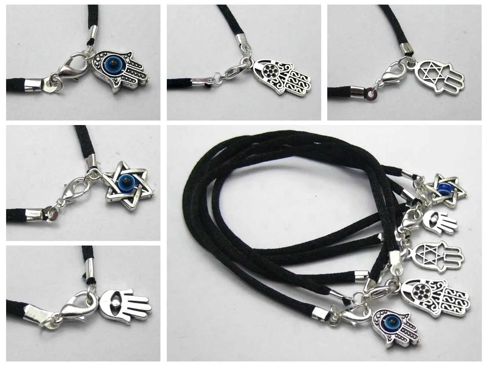 

10 Black String Eye Hamsa Hand "Star of David" Charms Good Luck Bracelets