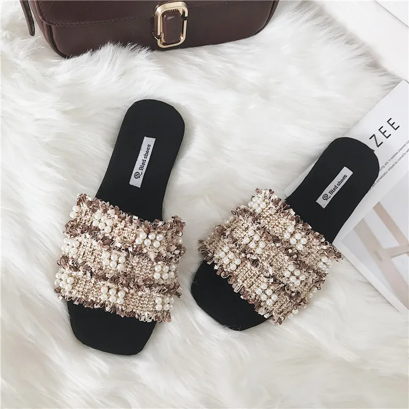 

pearl beading tassel beach slides women mixed color narrow band roman slippers lady handmade knitted string bead flip flops