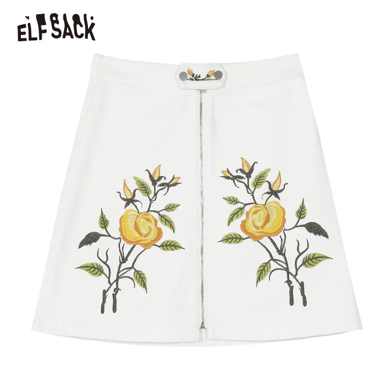 Женская юбка с цветочной вышивкой ELF SACK, белые хлопковые джинсовын юбки А-силуэта со средней талией, ковбойская юбка для офисной дамы на весну и лето - Цвет: Слоновая кость