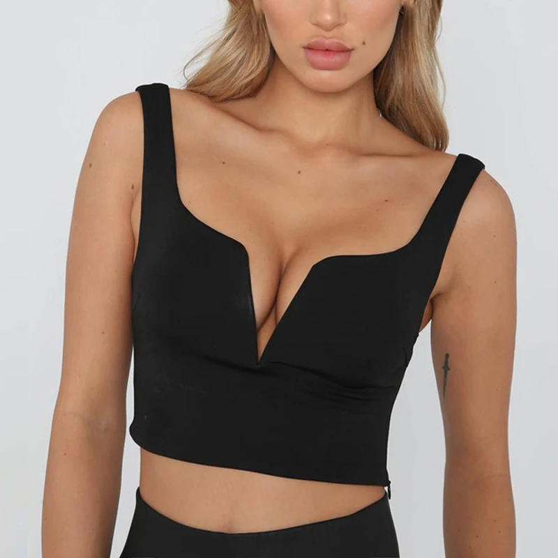 Женские короткие топы Женская майка для ночного клуба летняя однотонная сексуальная модная пляжная Облегающая майка спортивные вечерние рубашки с v-образным вырезом - Цвет: Black