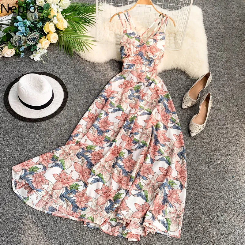 Neploe Лето, женское платье, сексуальный цветочный принт, Топики, Vestidos, новая мода, v-образный вырез, открытая спина, тонкое, а-силуэт, пляжные платья 43165