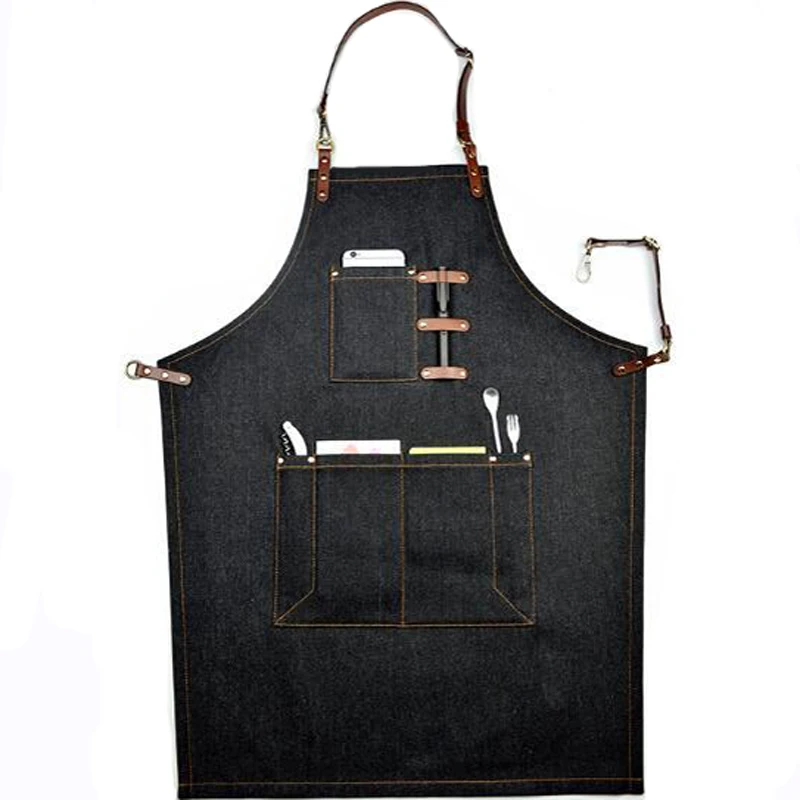 

2018 Bib Apron With pocket Cafe fashion Cowboy Unisex Denim painting Aprons for Woman Men Kitchen Chef Waiter Cooking print logo