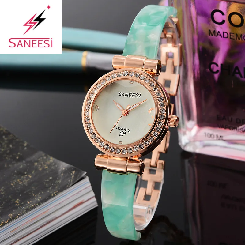 

New Wristwatch Clock Women Jade Green band Rose Gold Watch Case Slim Design White Peral Face Different Colors Opiton Watch Girl