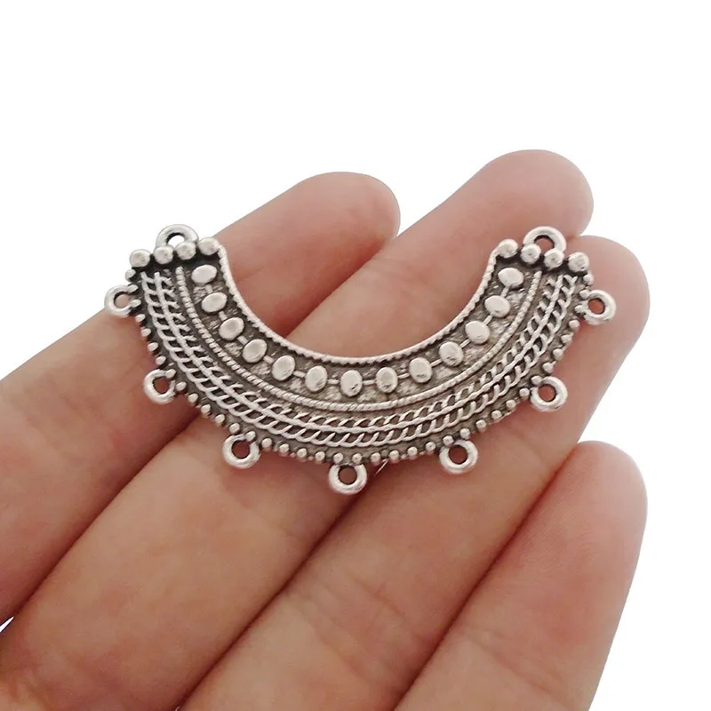 

10 x Antique Silver Boho Tribal Crescent Moon Multi Strand Connector Charms Pendants for Necklace Jewelry Findings 52x11mm
