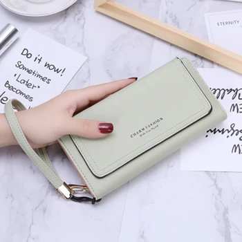 

Hot Selling Women Wallet Solid Color PU 3 Folds Zipper Long Purse with Hand Strap for Shopping -B5