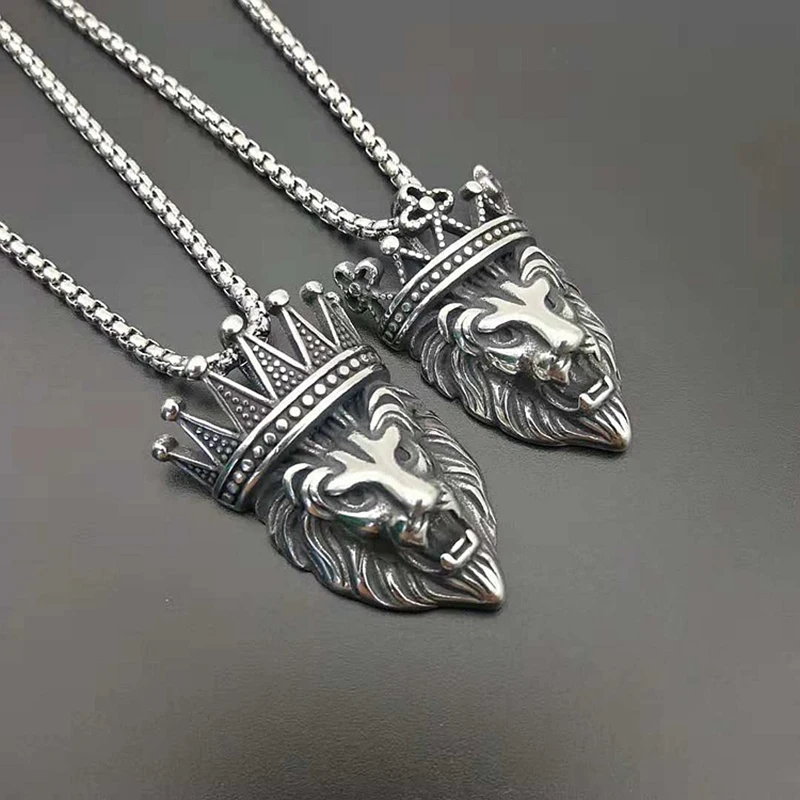 

Punk Rock Titanium Steel Crown Lion Head Men Pendants Necklaces for Male Jewelry Silver Color Never Fade with 60cm box chain