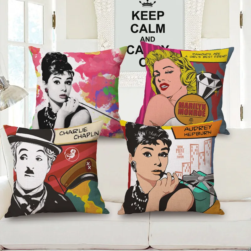 

Maiyubo New Sale Pop Figure Charlie Chaplin and Marilyn Monroe Cushion Cover Nordic Sexy Lady Linen 45x45cm Pillow Cover PC369