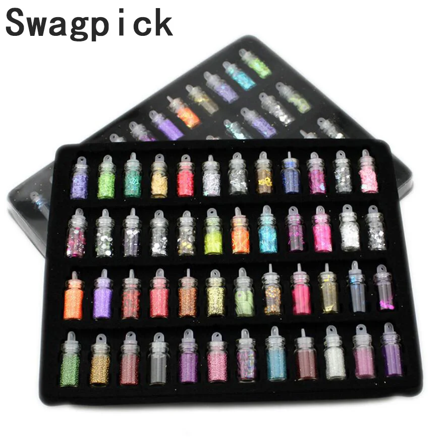 

Swagpick 48 bottles/pack nail glitter powder fitness women decoration crush shell pearl beads mini bottle nail art charm