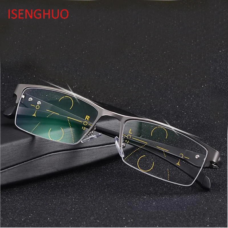 

ISENGHUO High-end Business Men Sun Photochromic Progressive Multi Focus Reading Glasses Outdoor Presbyopia Glasses dioper 1.0-4