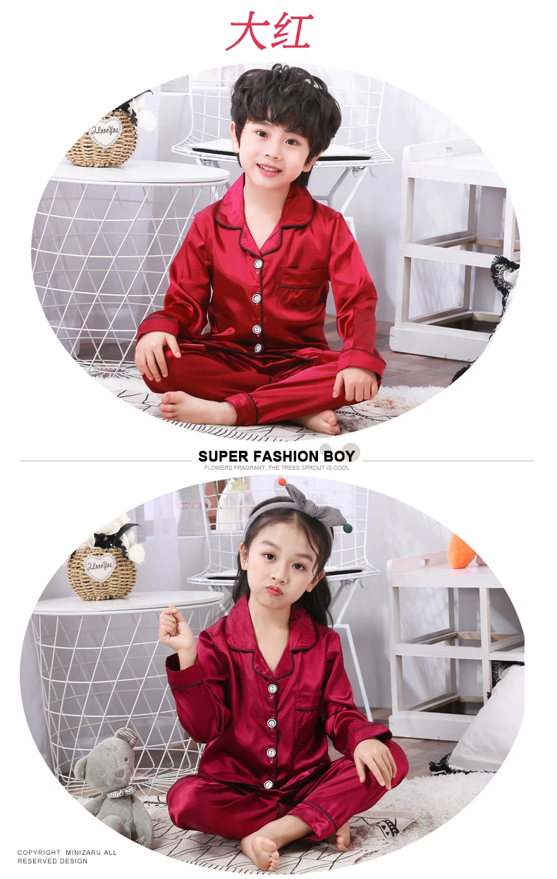 Шелковый пижамный комплект для детей; брюки с длинными рукавами; модный детский комплект; одежда для малышей; комплект ночного белья для девочек; Детская домашняя одежда