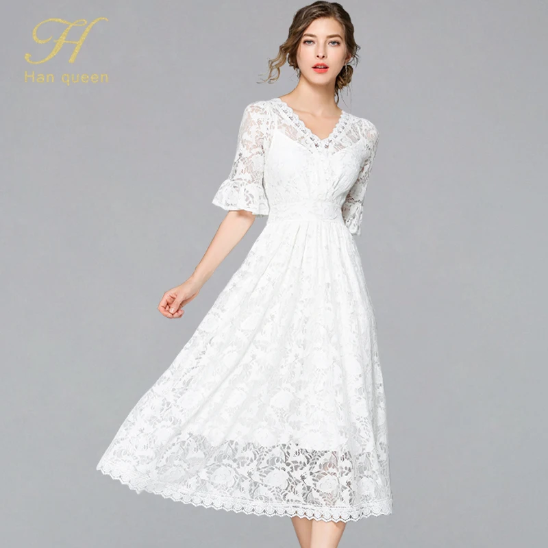 

H han queen Summer Long White Lace Dress Work Casual Fashion Slim Sexy Hook Flower Hollow Out Dresses Women Vintage Vestidos