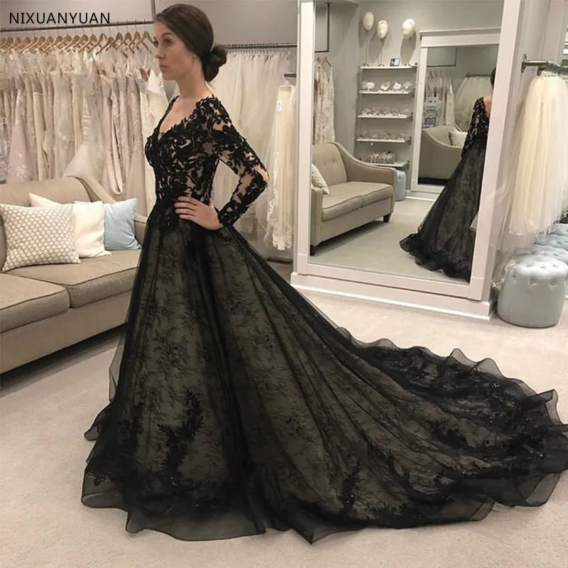 Vestido De Noiva черное свадебное платье es с длинным рукавом v-образным вырезом кружевные свадебные платья трапециевидной формы с аппликацией из бисера Свадебное платье