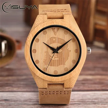 

YISUYA Creative Casual Nature Che Guevara Fashion Men Quartz WristWatch Simple Bamboo Handmade Genuine Leather Band Strap Gift