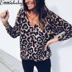 Осень Для женщин с длинным рукавом Свободные Leopard футболка Мода вновь стильный дамы Повседневное Мягкие Блузки с v-образным вырезом
