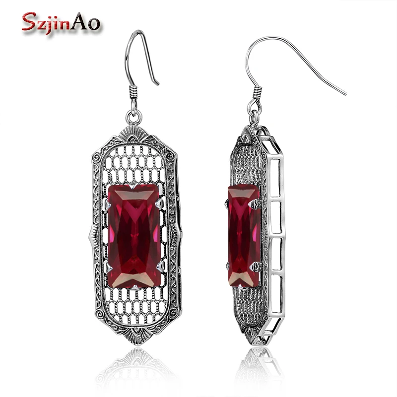 

Szjinao Square 925 Sterling Silver Earrings Vintage Style Red Ruby Evening Dress Women Earrings Tibetan Jewelry bijoux femme