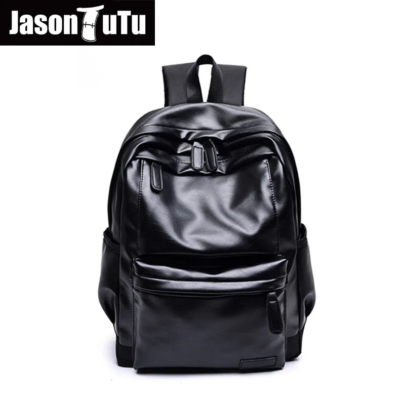 JASON TUTU Black PU leather backpack Men Travel Knapsack Boy school 14 inch laptop backpack Good quality Mochila NewListing B422