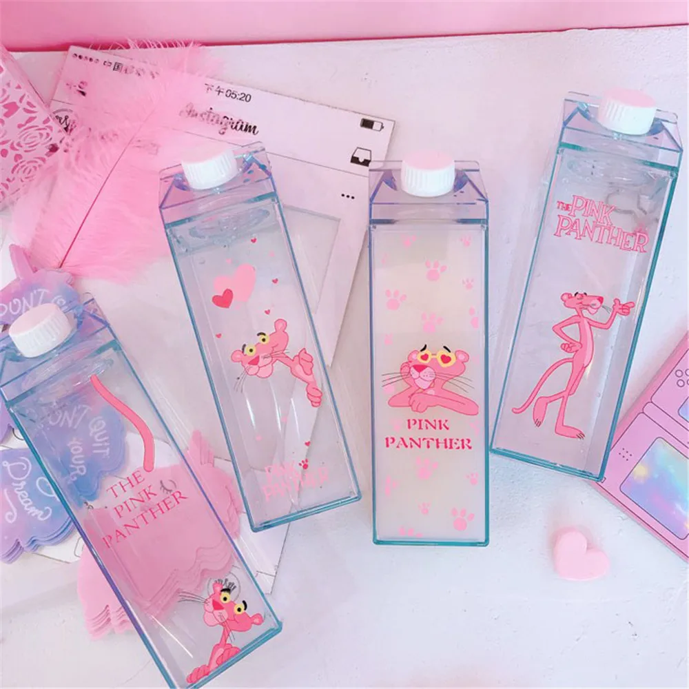 

Cartoon Pink Panther Water Bottles Scandinavian Chic Transparent Plastic Juice Beer Bottles Unique Milk Box Shape Drink Bottle