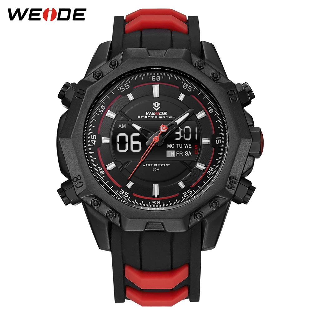 WEIDE Часы Мужчины LCD Аналоговый Цифровые Задняя Подсветка Японский Механизм MIYOTA Оригинальная Батарея Хардлекс Негабаритный Циферблат Силиконовый Ремешок Кварцевые Водонепроницаемые Черные Наручные Мужские Часы