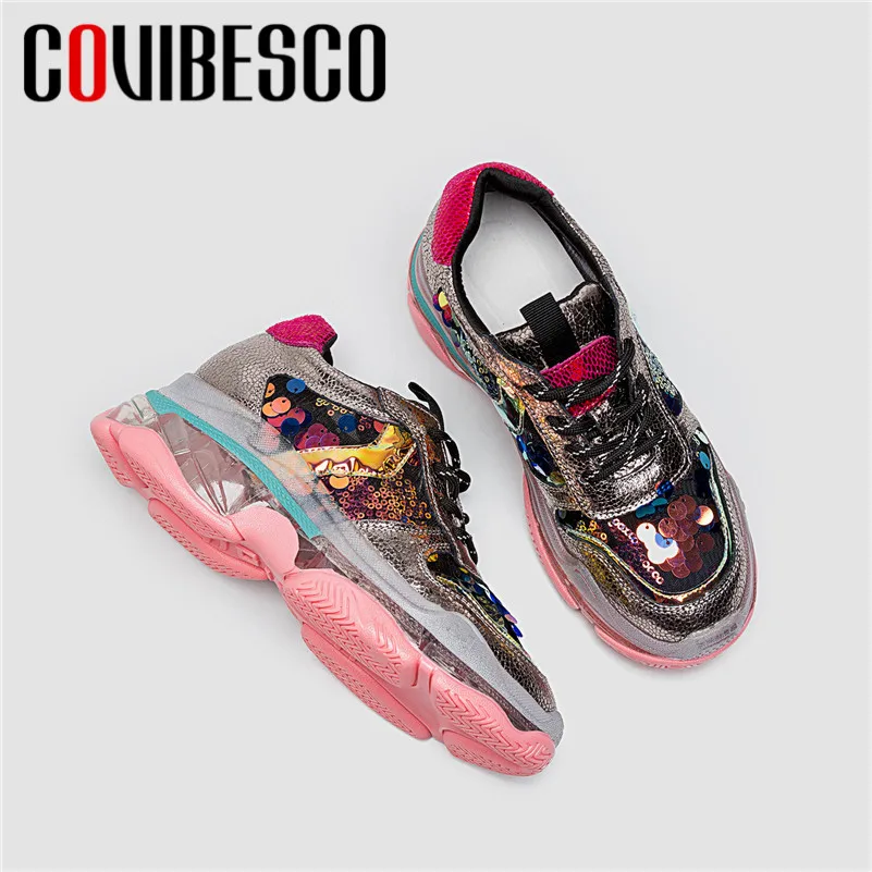 

COVIBESCO Spring Summer Bling Sheepskin Lace Up Women Flats Round Toe Platforms Casual Shoes Woman Comfortable Women Sneakers