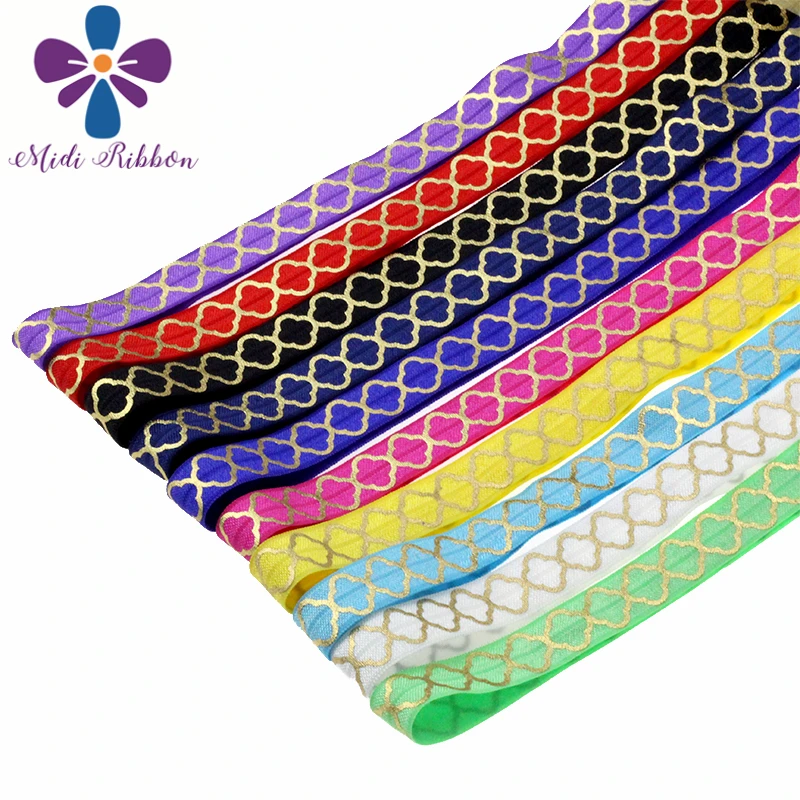 

5/8"16mm(1.5cm) Gold Quatrefoil Printed Fold Over Elastic 50y/lot handmade Hair Tie Headband Sewing 10 Colors