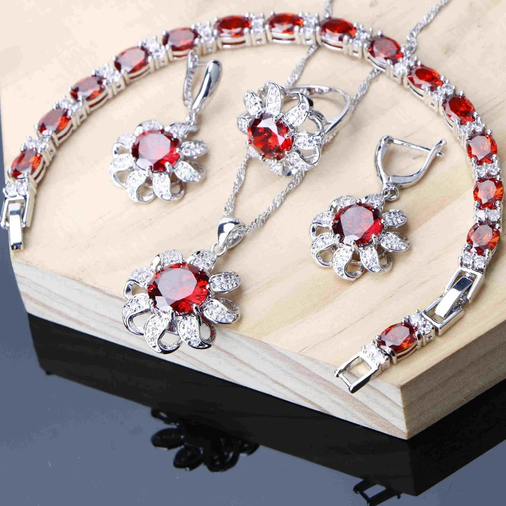

Spring Jewelry Sets Women Silver 925 Jewelry Red Garnet Zirconia Earrings Ring Necklace Set Bracelets 3 Option Drop shipping