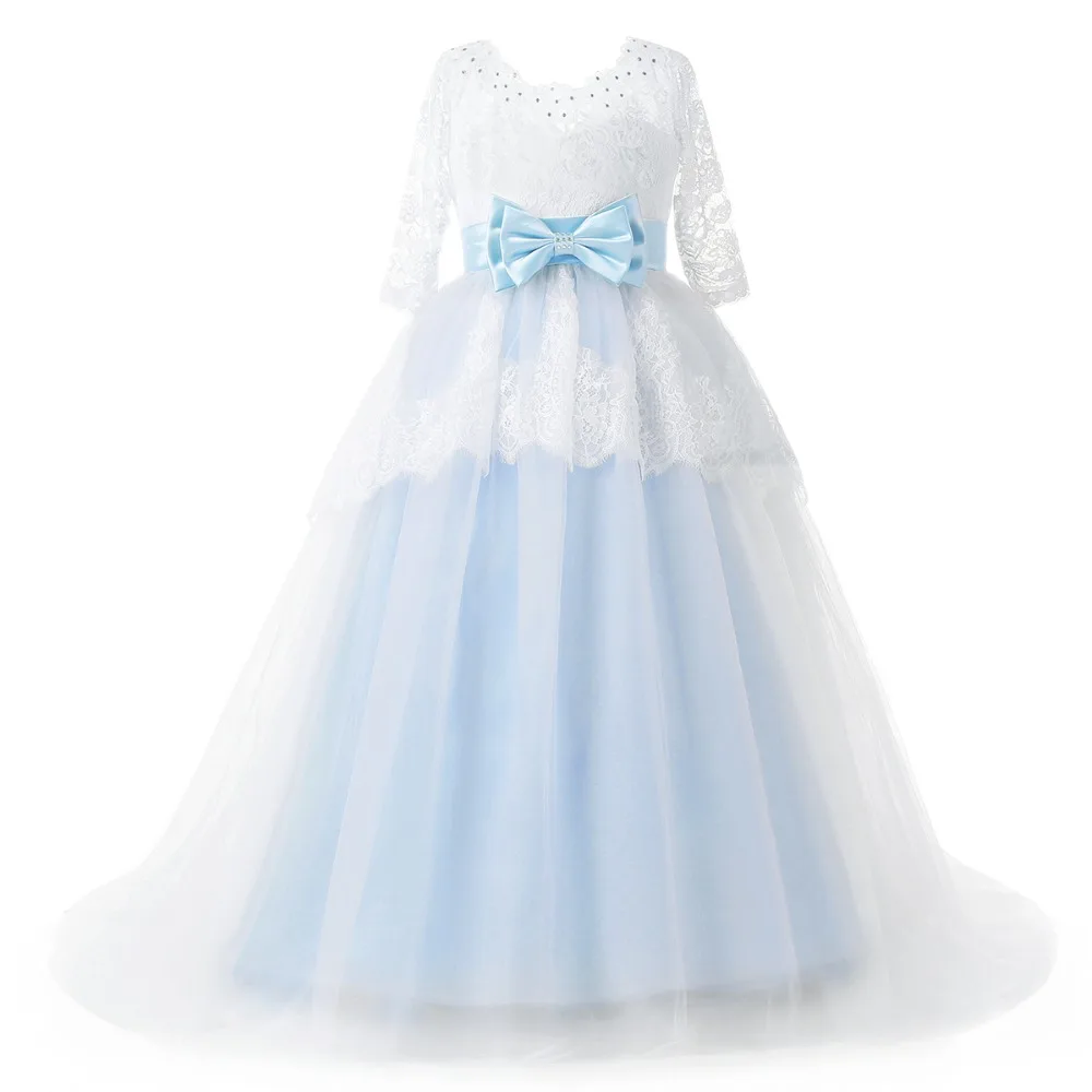 Светло-Голубые Платья с цветочным узором для девочек платья с короткими рукавами для первого причастия для девочек с поясом, кружевное на