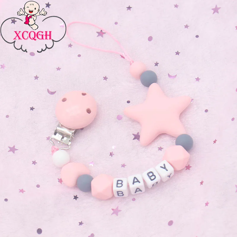 Harga Xcqgh Personalized Nama Buatan Tangan Dot Klip Pemegang Rantai Silicone Pacifier Rantai Bintang Lima Baby Teether Tumbuh Gigi Rantai