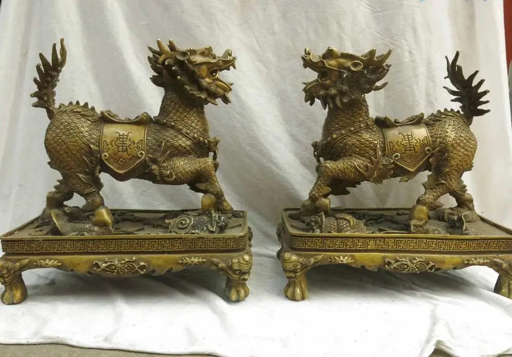 

14" China brass copper carved guard Foo Dogs Lion kylins pairSculpture Statues