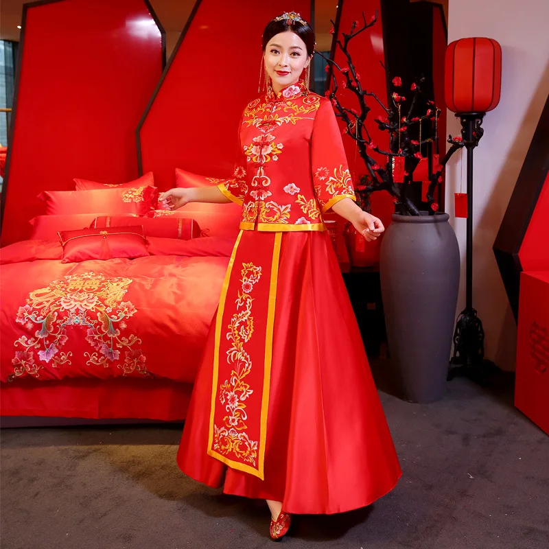 Китайский Стиль Для женщин Винтаж свадебное платье Qipao 2 вeщи тoлстoвкa+ классические брюки с вышивкой в виде феникса брак костюм Чонсам тосты, одежда