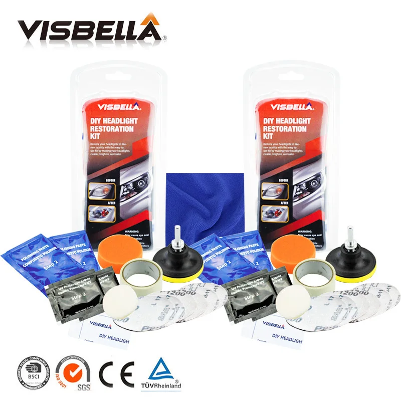 Visbella 2kits/lot Headlamp Brightener Kit DIY headlight restoration with 30cm*40cm FREE GIFT blue soft absorbent wash cloth Visbella 2kits/lot Headlamp Brightener Kit DIY headlight restoration with 30cm*40cm FREE GIFT blue soft absorbent wash cloth