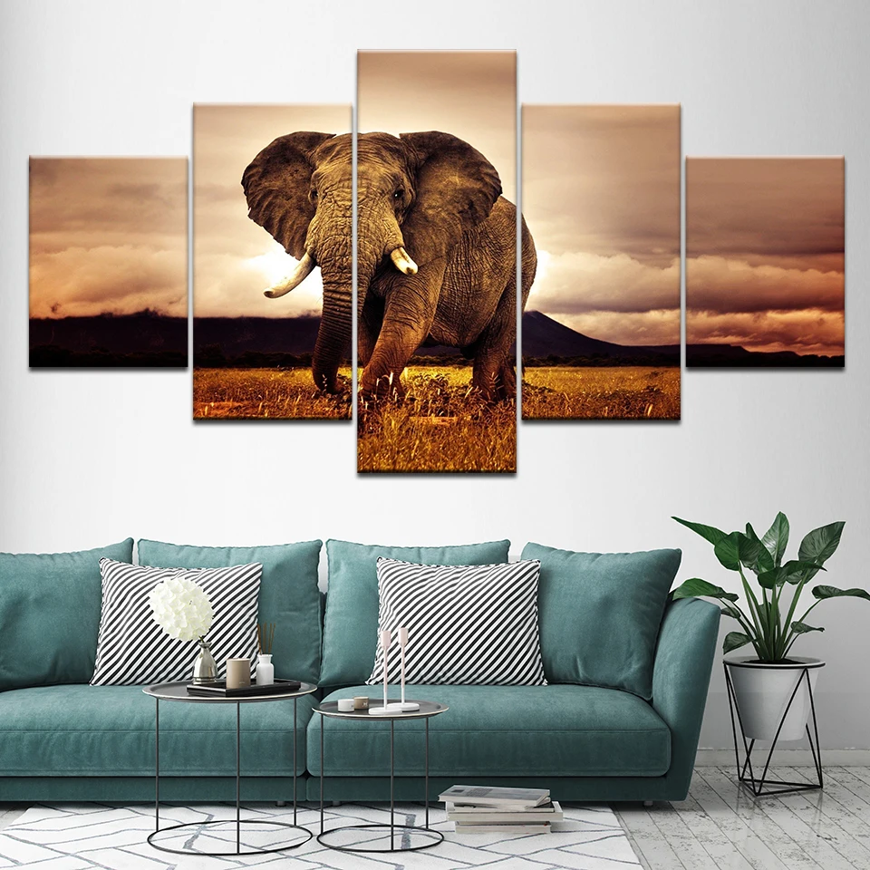 

Canvas Painting Elephant animal with sunset 5Pieces Wall Art Painting Modular Wallpapers Poster Print for living room Home Decor