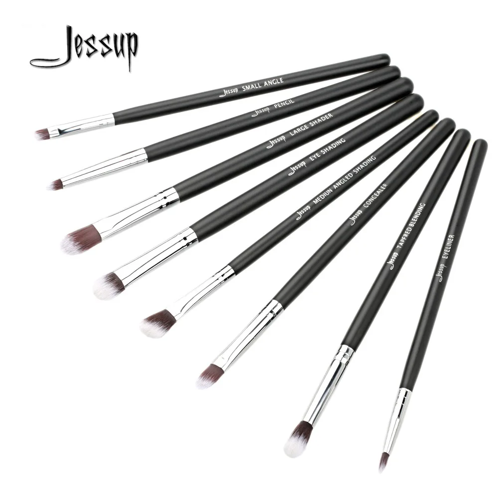 Jessup Eye brushes Set blend shadow angled Eyeliner smoked bloom makeup brush Black/silver 8pcs