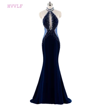

Dark Blue Evening Dresses 2019* Mermaid High Collar Crystals Velvet Backless Sexy Long Evening Gown Prom Dresses Robe De Soiree