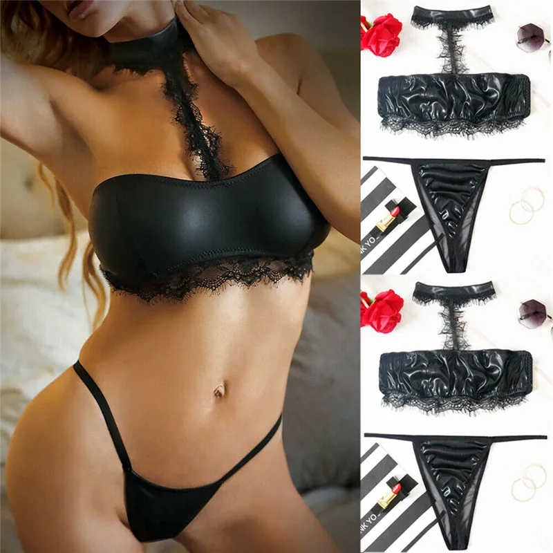 

Sexy Women's Sets Lace Patent Leather Halter Bra Backless Crop Tops Shorts 2Pcs Ladies Bikini Sets Swimwear Bathing Suits