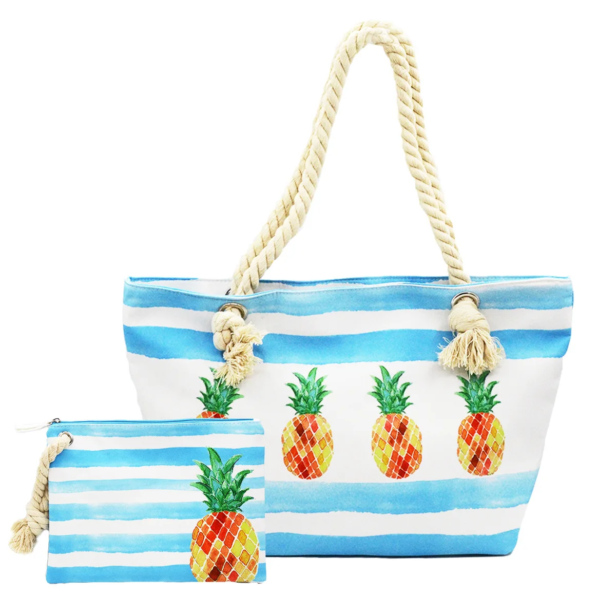 BONAMIE 2Pcs/lot Flamingo Women Tote Handbags Canvas Female Single Shoulder Bags Casual Hemp Rope Beach Bags Set Wet Bikini Bag