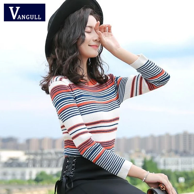 

VANGULL 2019 Autumn Winter New Women Striped Knitted Sweater Bottoming Shirt O-Neck Three Quarter Sleeve Pullovers Thin Sweater