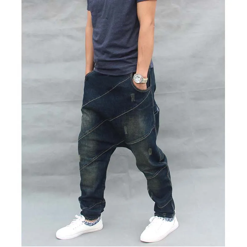 Trendy Loose Baggy Jeans Men's Casual Denim Pants Hip Hop Harem Jeans Elastic Waist With Drawstring Male Trousers Blue Plus Size
