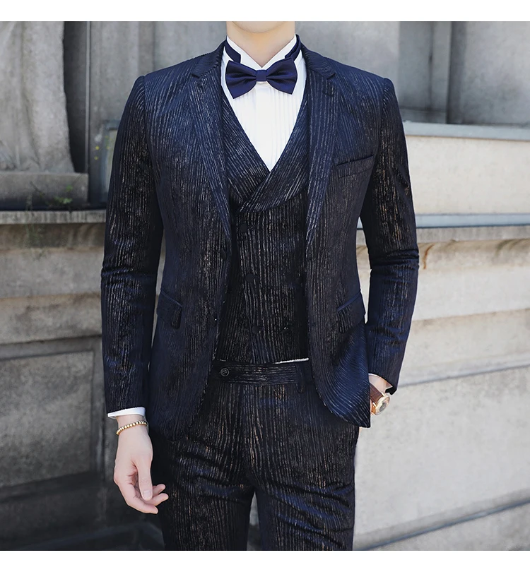 Повседневная одежда(Блейзер+ жилет+ брюки), Trajes De Hombre, костюм Mariage Homme Tuxedo,, осенние мужские костюмы в полоску, мужские деловые костюмы