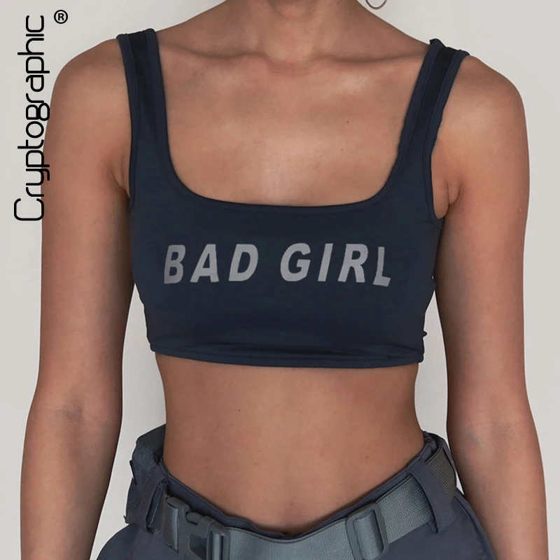 

Cryptographic Letter Print Holographic Festival Crop Tops for Women Summer 2019 Sleeveless Tanks Top Mujer Cropped Feminino