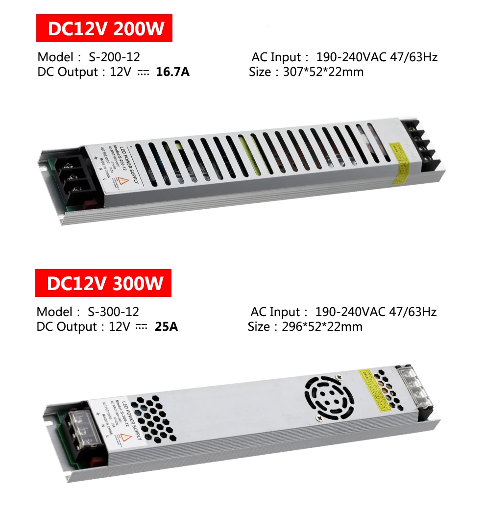 Ультратонкий импульсный источник Питание DC 5 V/12 V/24 V LED трансформаторы 200W 300W AC190-240V драйвер для Светодиодный полоски