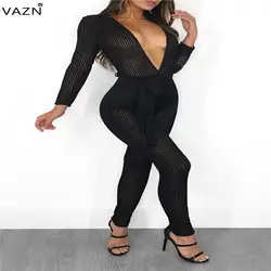 VAZN осень 2018 новый сексуальный новый стиль брендовый женский кружевной полый комбинезон однотонный глубокий v-образный вырез полный рукав