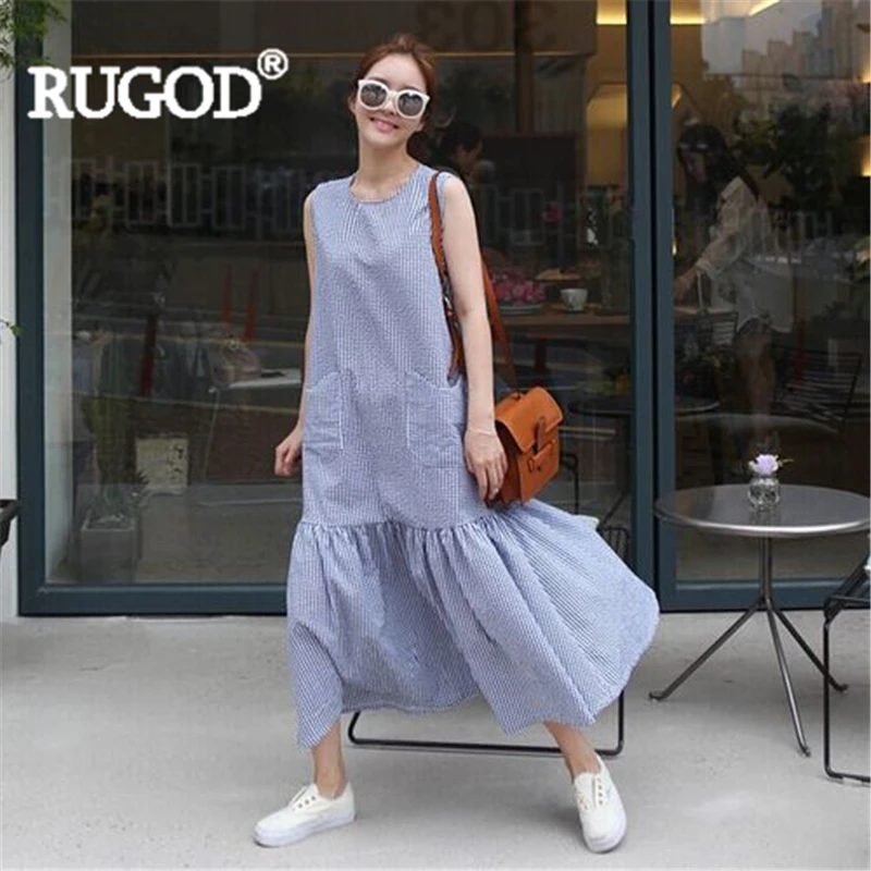 

RUGOD Women blue plaid dress o neck sleeveless ruffles casual loose spaghetti strap long dress new summer elegant korean fashion