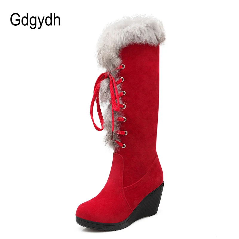 Cena Gdgydh Suede kolana wysokie buty kobiece śniegowce zimowe ciepłe buty damskie szpilki kliny buty dobrej jakości długie buty zimowe