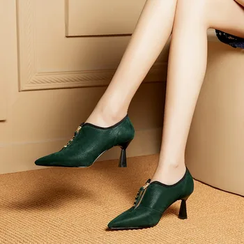 

MLJUESE 2019 women pumps autumn spring Sheepskin pointed toe rivets spike heel blue color zippers high heels lady shoes party