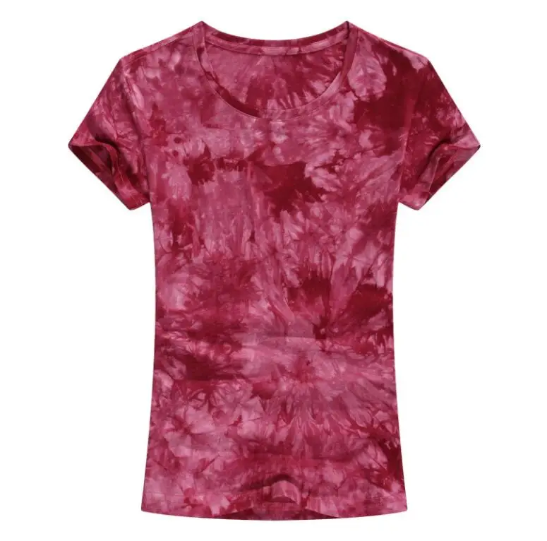 wine t shirt Краситель Для Галстука Майка Одноцветный Сплошной Цвет Простой Корейский Модный Хлопковое Градиент Футболка Короткий Рукав Стройный Облегающее Плотный Подходящий Майка Для Женщина Круглый Воротник Полувер Футболка - Цвет: wine t shirt