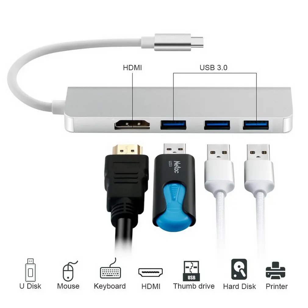 USB-C концентратор type-C адаптер для HDMI 3 USB 3,0, портативный алюминиевый USB C Ключ