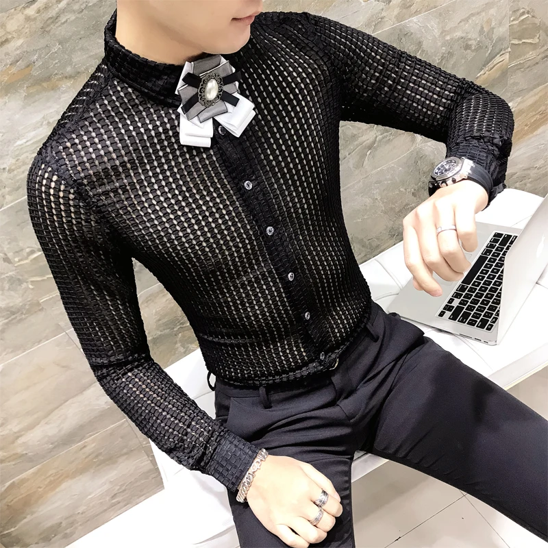 Горячая Распродажа Мужская рубашка Мода 2019 сексуальный полый смокинг Slim Fit