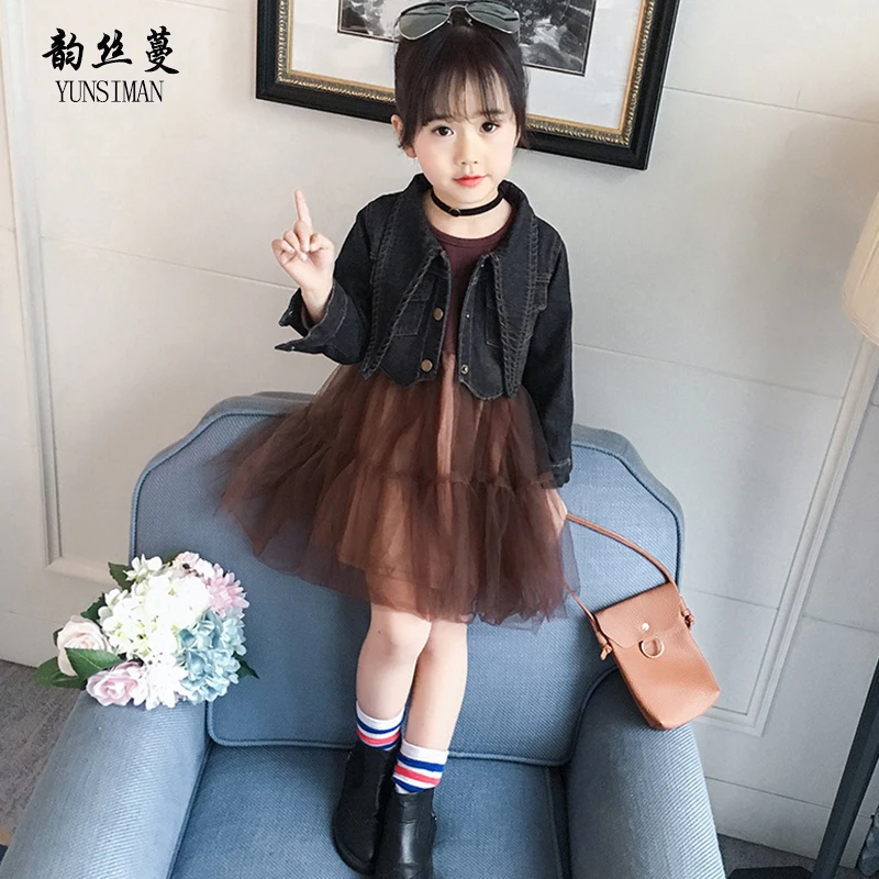 

Autumn Kids Dress Suit for Girls 4 6 8 10 12 Years Children Black Jeans Jacket Mini Mesh Cotton Dress Two Pieces Set Kids M321A